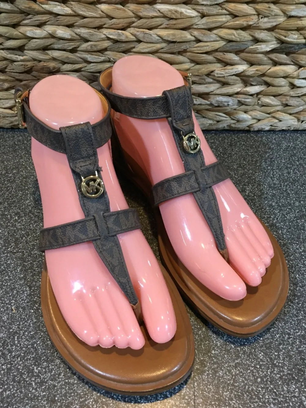 MICHAEL Michael Kors Brown Monogram T-Strap Brown Sandals